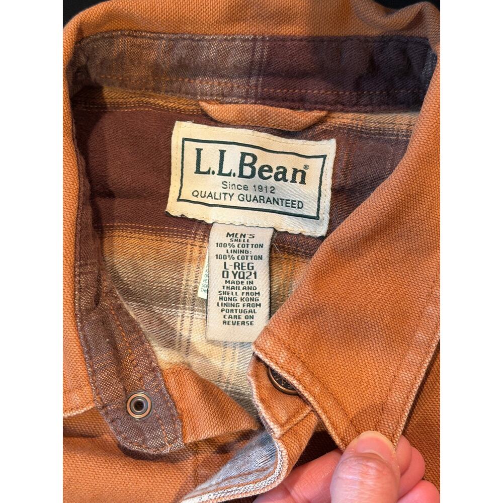 L.L.Bean Men Large Brown Canvas Shirt Flannel Lined Cotton Outdoor Workwear - Picture 3 of 15